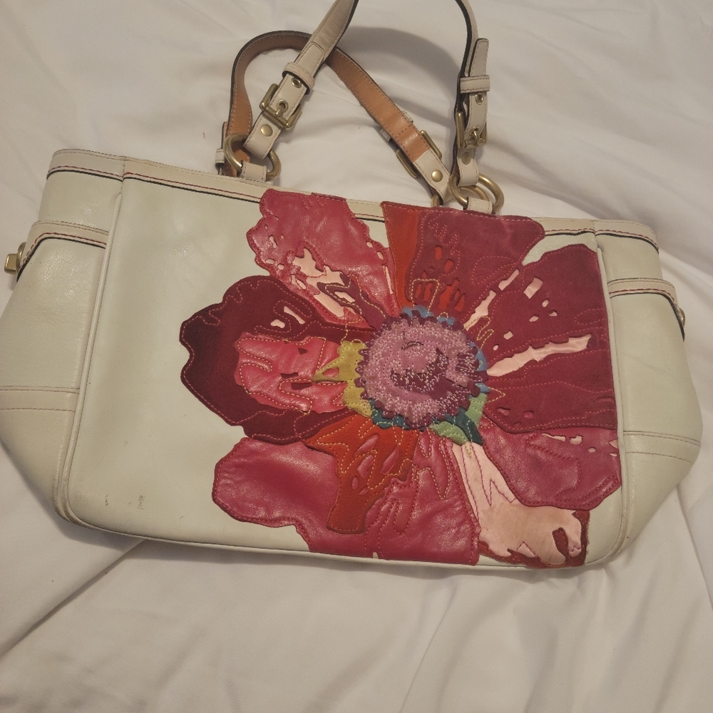 Coach Poppy Peace White Leather Purse Tote J05Q-9244